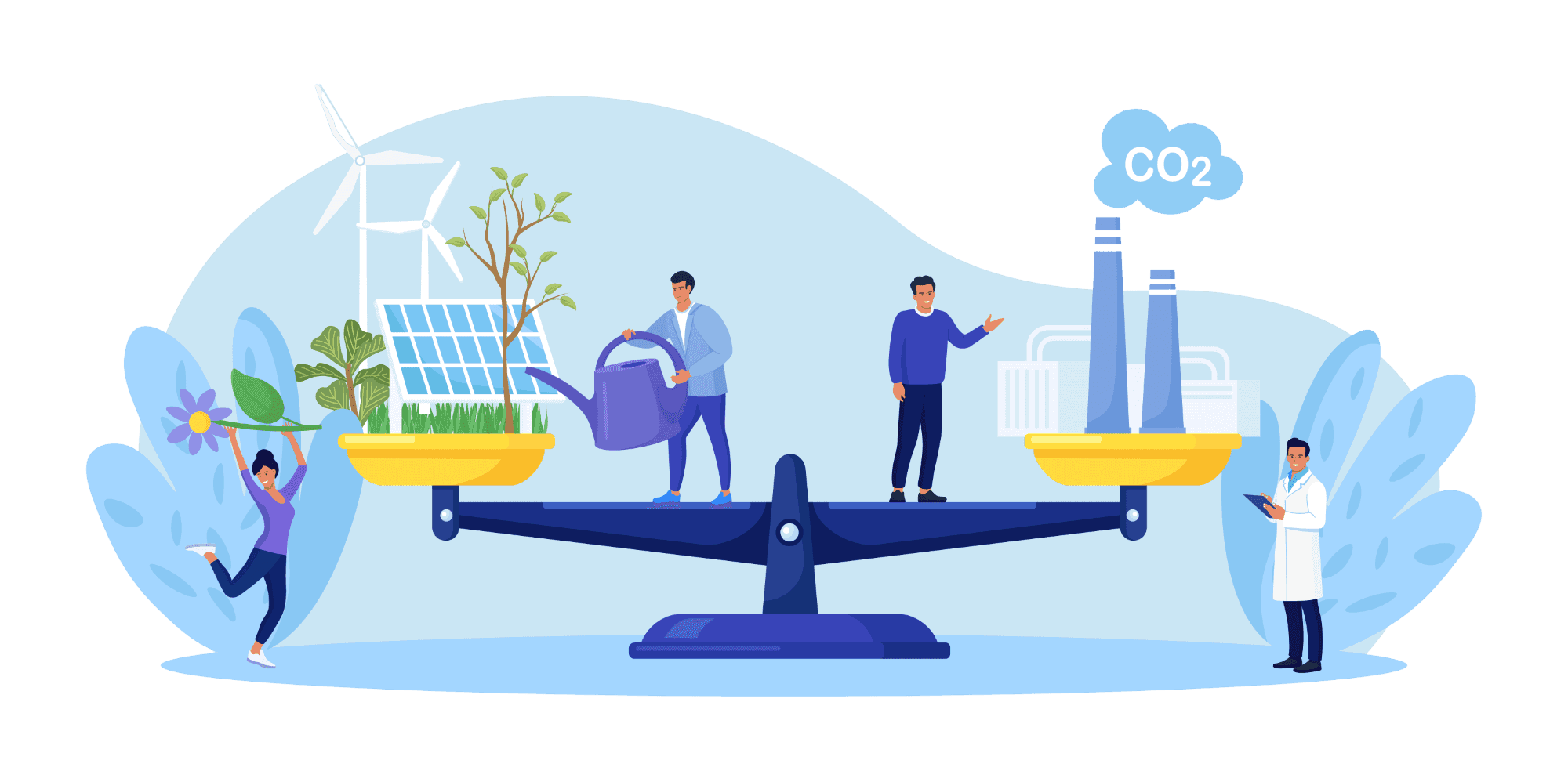 A neutral beam balance depicting carbon neutrality. The right side of the beam showcases carbon emission from an industrial process for an individual. The left side showcases the individual growing plants and using solar panels thereby maintaing neutrality